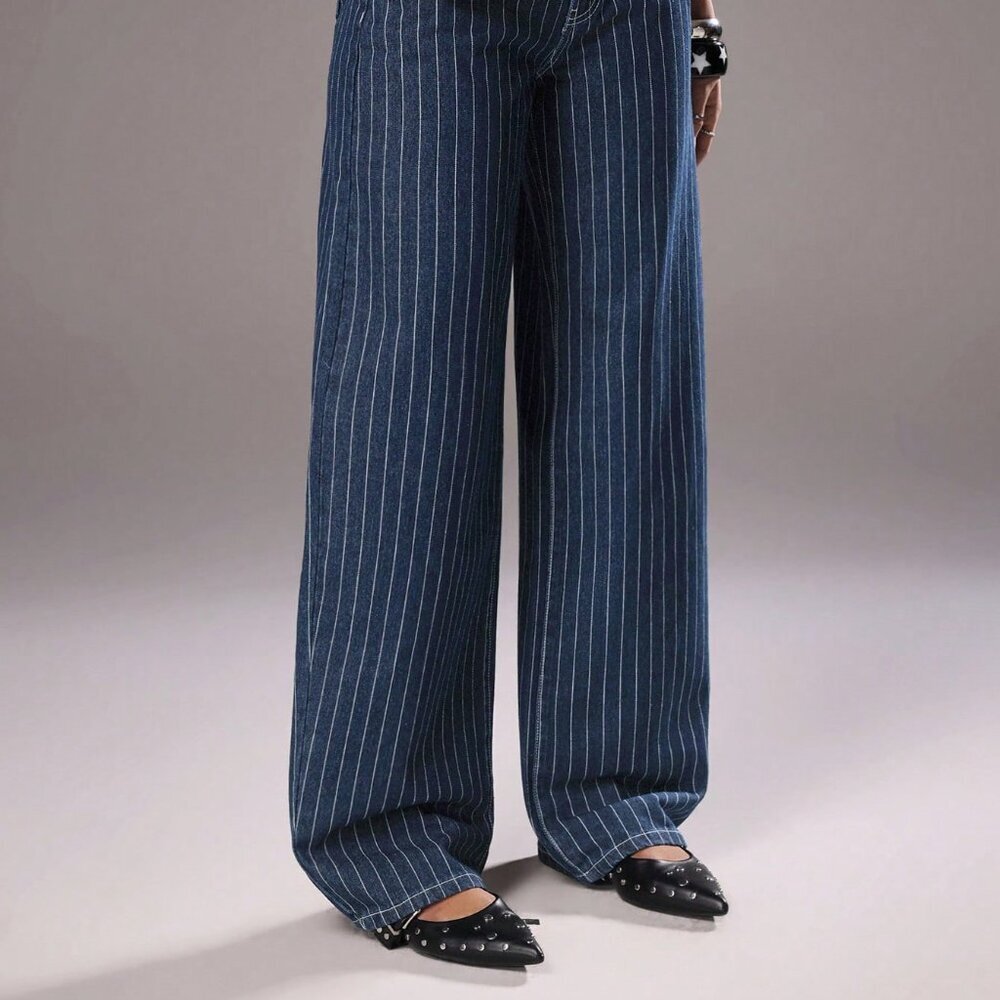 Medium Wash Casual Women's Striped Low-Waist Straight Leg Jeans - Picture 5 of 7